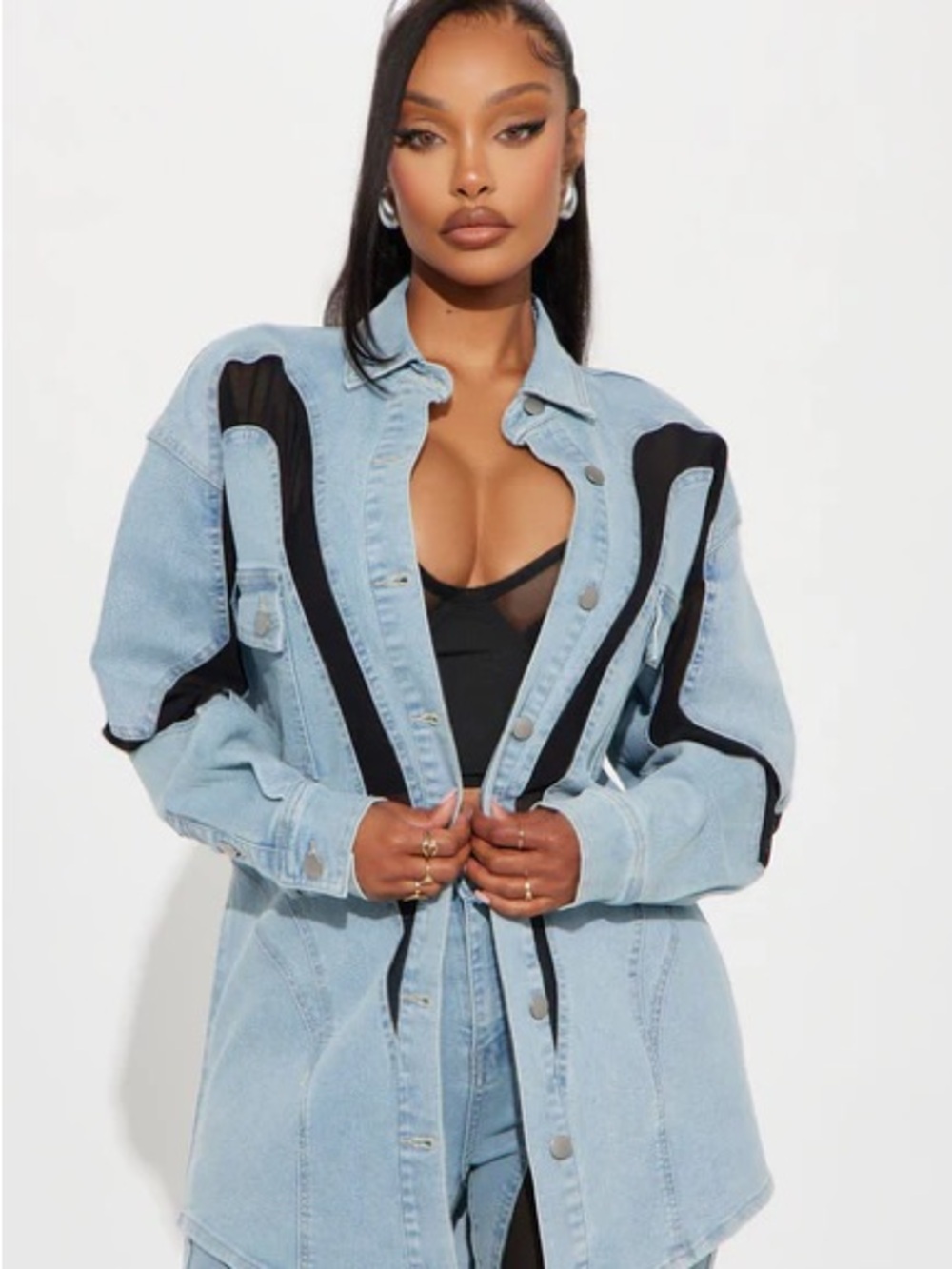 Fashion Nova Light Blue Denim Jacket with Black Panels